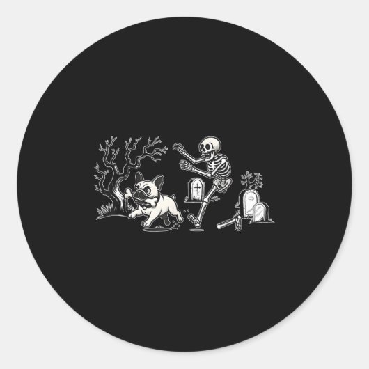 Sticker Rond Skeleton Chasing French Bulldog Halloween Dog Mom  (Devant)