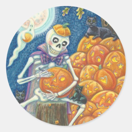 STICKER ROND SKELETON, CHATS NOIRS CARVANT DES JACKS, BILLETS (Devant)