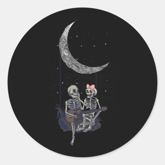 Sticker Rond Skeleton Couple Moon Swing Jouer Guitare Hallowee (Devant)