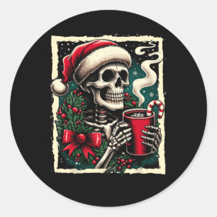 Sticker Rond Skeleton de Noël Hot Cocoa Debout dans Xm Éffrayan
