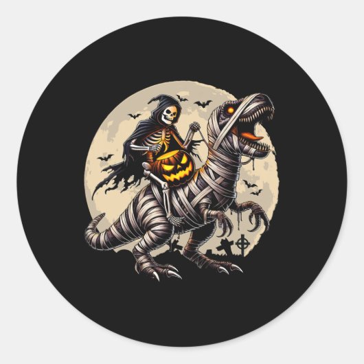 Sticker Rond Skeleton équitation maman Dinosaur T Rex Citrouill (Devant)