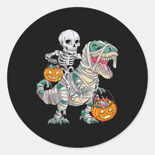 Sticker Rond Skeleton équitation maman Dinosaur T Rex Halloween (Devant)