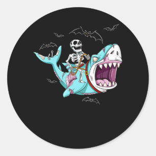 Sticker Rond Skeleton équitation Zombie Shark Funny Halloween 