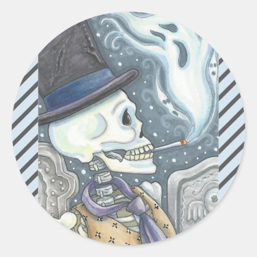 STICKER ROND SKELETON FUMEUR, BILLETS DE CIMETIÈRE TOUT AU LONG (Devant)