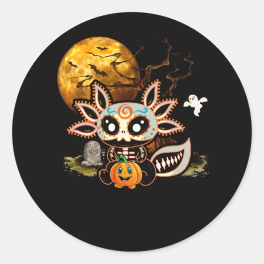 Sticker Rond Skeleton Halloween Axolotl Lover Mid Night Ghost P (Devant)