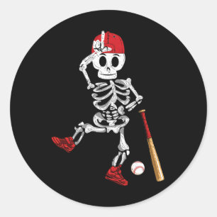 Sticker Rond Skeleton Halloween Drôle Skeleton Baseball Jouer
