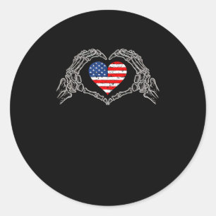 Sticker Rond Skeleton Hand Heart 4e Du Drapeau Américain Patrio
