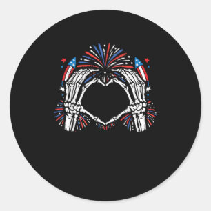 Sticker Rond Skeleton Hand Heart USA Patriotic American