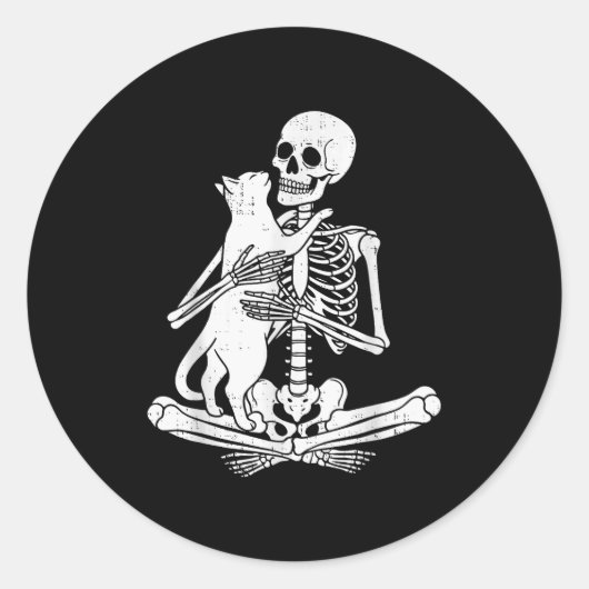 Sticker Rond Skeleton Holding Cat Funny Soky Halloween Meow Kit (Devant)