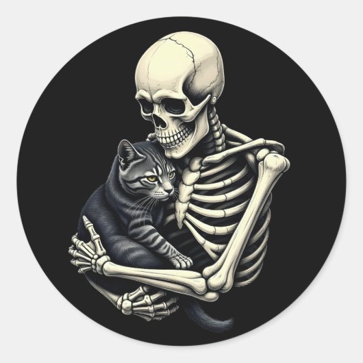 Sticker Rond Skeleton Hugging Cat Funny Halloween Cat Lover (Devant)