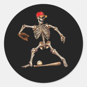 Sticker Rond Skeleton jouant au baseball Halloween Baseba Vinta