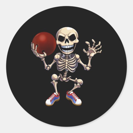 Sticker Rond Skeleton Jouer Bowling Funny Halloween Skull Kid (Devant)