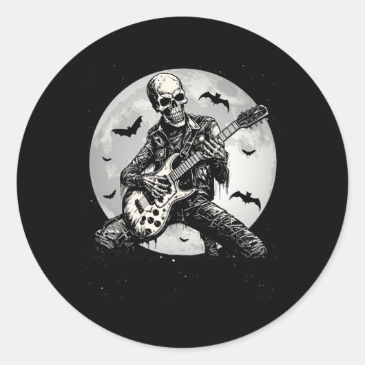 Sticker Rond Skeleton Jouer Guitare Punk Rock Musique Halloween (Devant)