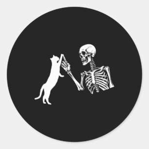 Sticker Rond Skeleton Main Jouer Chat Drôle Costume Halloween