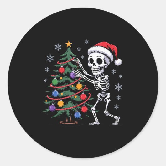 Sticker Rond Skeleton Santa Hat Christmas Tree Creepy Cute Xmas (Devant)