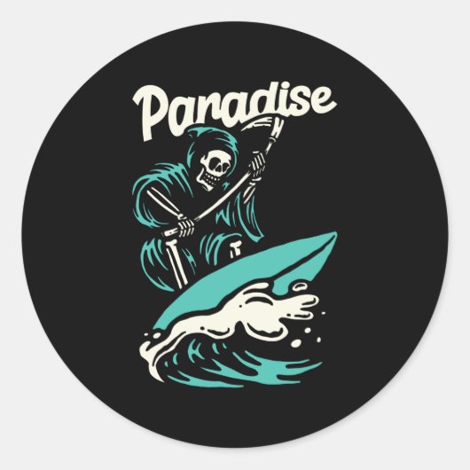 STICKER ROND SKELETON SURF AU PARADIS (Devant)