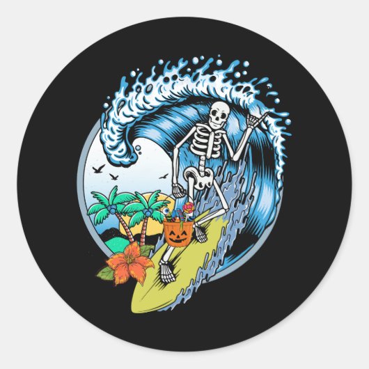 Sticker Rond Skeleton Surf Halloween Hawaii Surfer Hawaii (Devant)