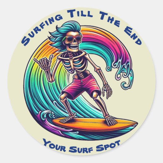 Sticker Rond Skeleton Surfer En Vague (Devant)