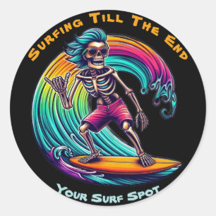Sticker Rond Skeleton Surfer En Vague