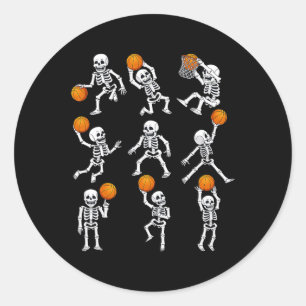 Sticker Rond Skeletons de basketball d'Halloween Dunking Dribbl