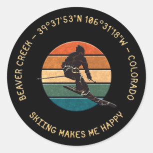 Sticker Rond Ski Beaver Creek, Colorado - Man Skier Texte Jaune