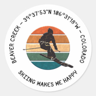 Sticker Rond Ski Beaver Creek, Colorado - Man Skier, Texte noir