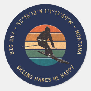 Sticker Rond Ski Big Sky, Montana - Man Skier, Texte D'Or