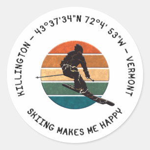 Sticker Rond Ski Killington, Vermont - Man Skier, Texte noir