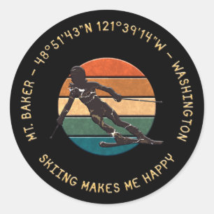 Sticker Rond Ski Mt. Baker, Washington - Lady Skier Texte Jaune