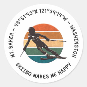 Sticker Rond Ski Mt. Baker, Washington - Lady Skier, Texte noir
