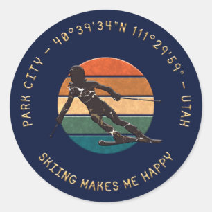 Sticker Rond Ski Park City, Utah - Femme Skier, Texte D'Or