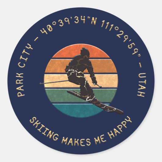 Sticker Rond Ski Park City, Utah - Man Skier Golden Text (Devant)