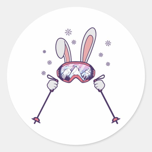 Sticker Rond Ski Rabbit avec bâtons de ski et lunettes de ski (Devant)