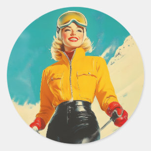 Sticker Rond Ski rétros Glamour Vintage hiver Aventure