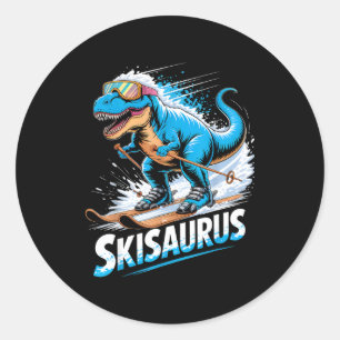 Sticker Rond Ski t-rex sport d'hiver skieur dino drôle de ski