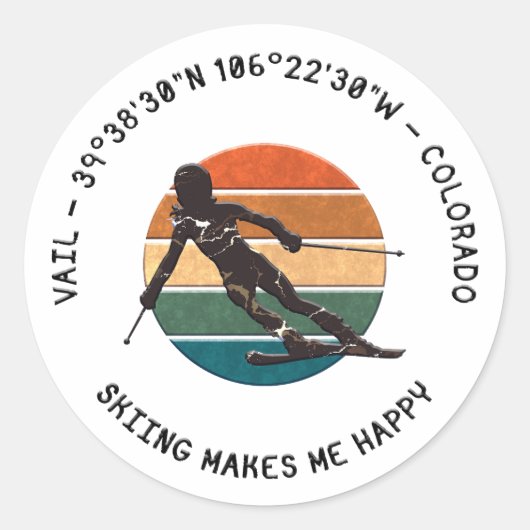 Sticker Rond Ski Vail, Colorado - Femme Skier, Texte noir (Devant)