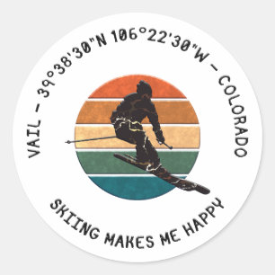 Sticker Rond Ski Vail, Colorado - Homme Skier, Texte noir