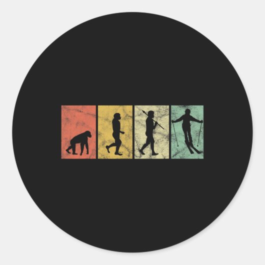 Sticker Rond Skier Evolution Of Man Skiing Ski Funny Retro Vint (Devant)