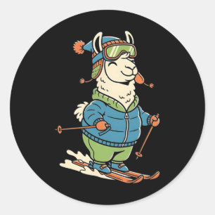 Sticker Rond Skieur lama mignon alpin hiver neige montagne skie