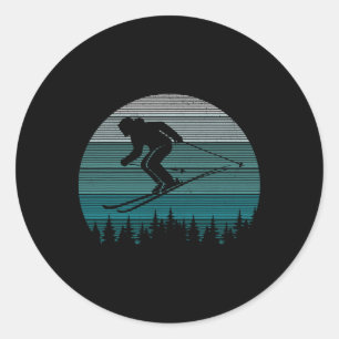 Sticker Rond Skieur Rétro Ski Montagne Sports d'Hiver Extrêmes