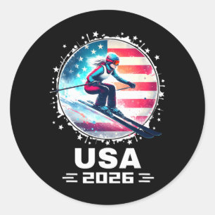 Sticker Rond Skieuse Équipe Usa Ski 2026 Ski Drapeau Américain
