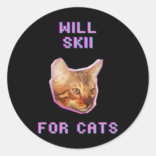 Sticker Rond Skiing pour chats aventure drôle d'hiver neige