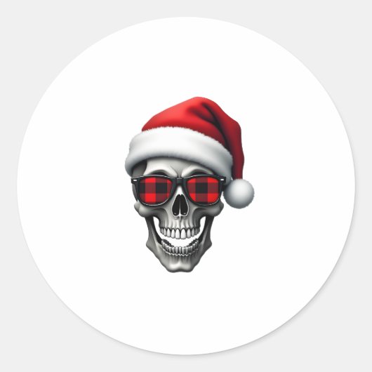 Sticker Rond Skull Plaid Santa Hat Christmas Pajama Cool Skelet (Devant)