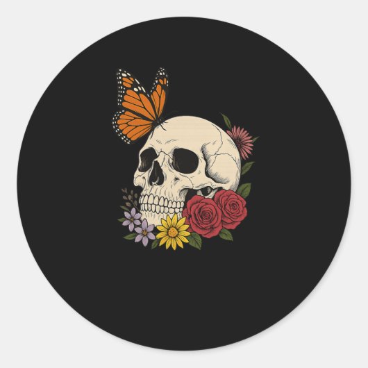 Sticker Rond Skulls Monarch Butterfly Flowers Halloween Men Wom (Devant)