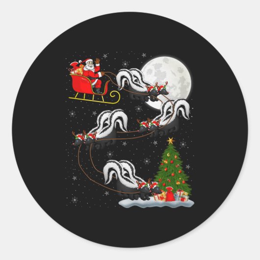 Sticker Rond Skunk Santa Sleigh Flying Funny Magical Christmas (Devant)
