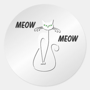 Sticker Rond Slinky Black Cat Meow Meow Green Eyes sur argent