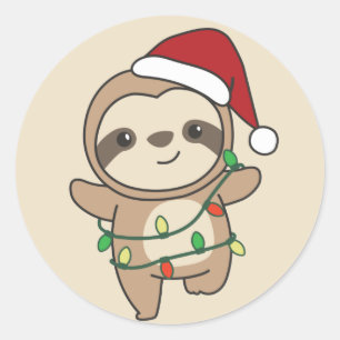 Sticker Rond Sloth Christmas Winter Animaux Sloths Classic Roun