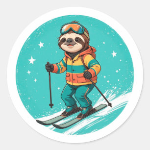 Sticker Rond Sloth Skiing - Funny Winter Sloth Ski Vous Plus Ta