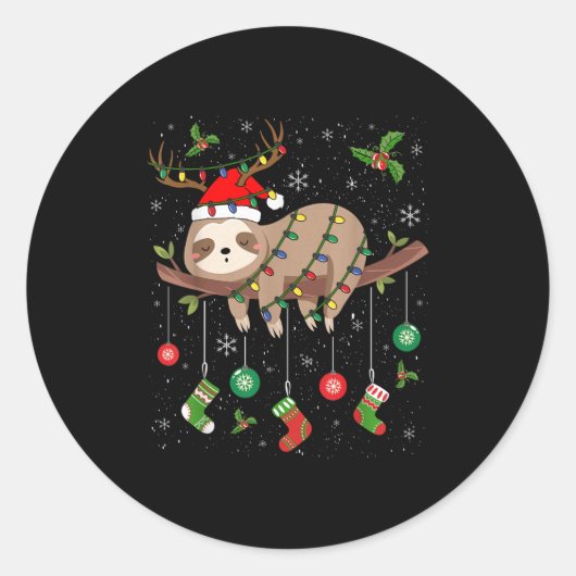 Sticker Rond Sloths Xmas Lighting Reindeer Santa Hat Sloth Chri (Devant)