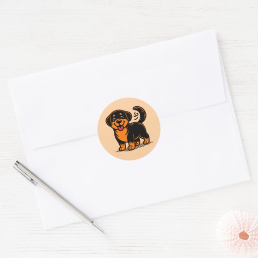 Sticker Rond Smiley Rottweiler Pup – Cute Cartoon (Enveloppe)